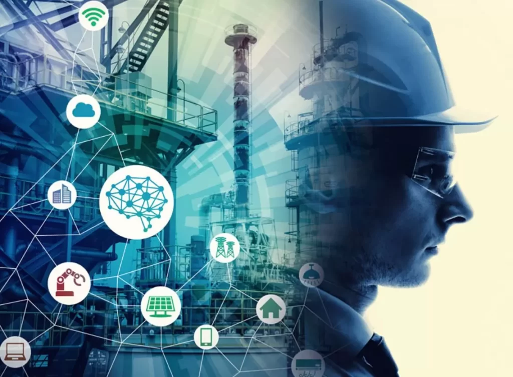 Profile of a worker wearing a hard hat, with a digital overlay of industrial structures and technology icons, representing interconnected systems. The image suggests the integration of technology and safety in the workplace, relevant to discussions about WCB processes and support.