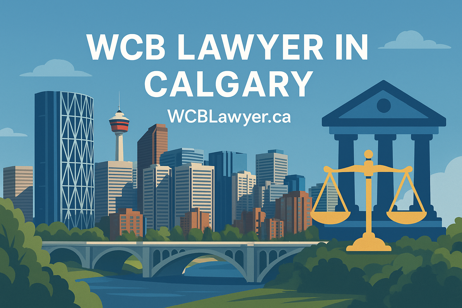 Illustrated skyline of Calgary with integrated legal symbols and WCB policy elements, representing expert WCB lawyer alternatives in Calgary through WCBLawyer.ca and Blue Collar Consulting.