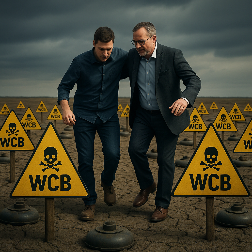 A WCB representative guides an injured worker through a hazardous minefield marked with yellow warning signs that read 'WCB' and display skull-and-crossbones symbols, symbolizing the risks and complexity of navigating a workers' compensation claim without proper support.