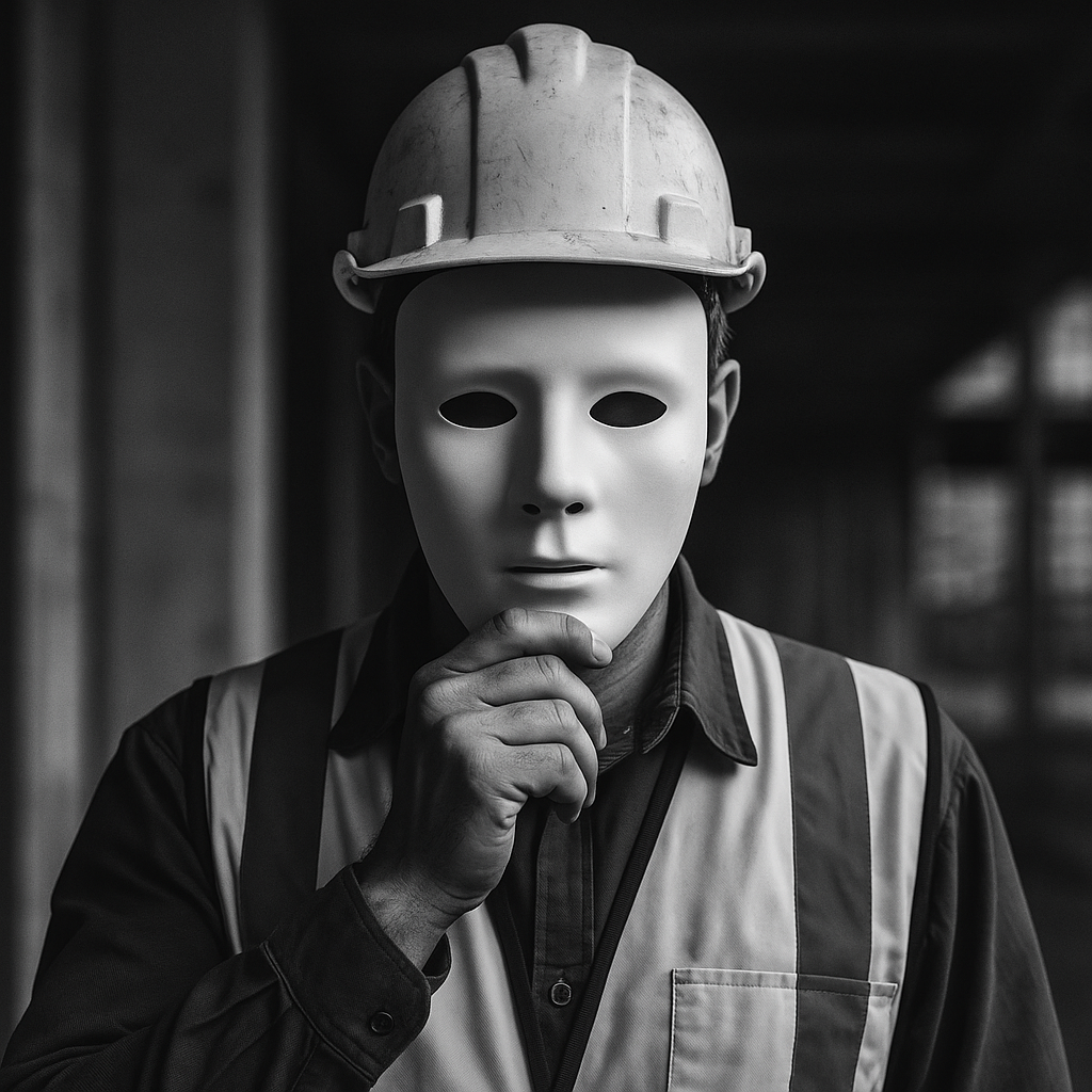 Black-and-white photo of a construction worker wearing a hard hat and high-visibility vest, holding a plain white mask over his face. The image symbolizes how WCB encourages injured workers to conceal their disabilities and true identities when returning to work.