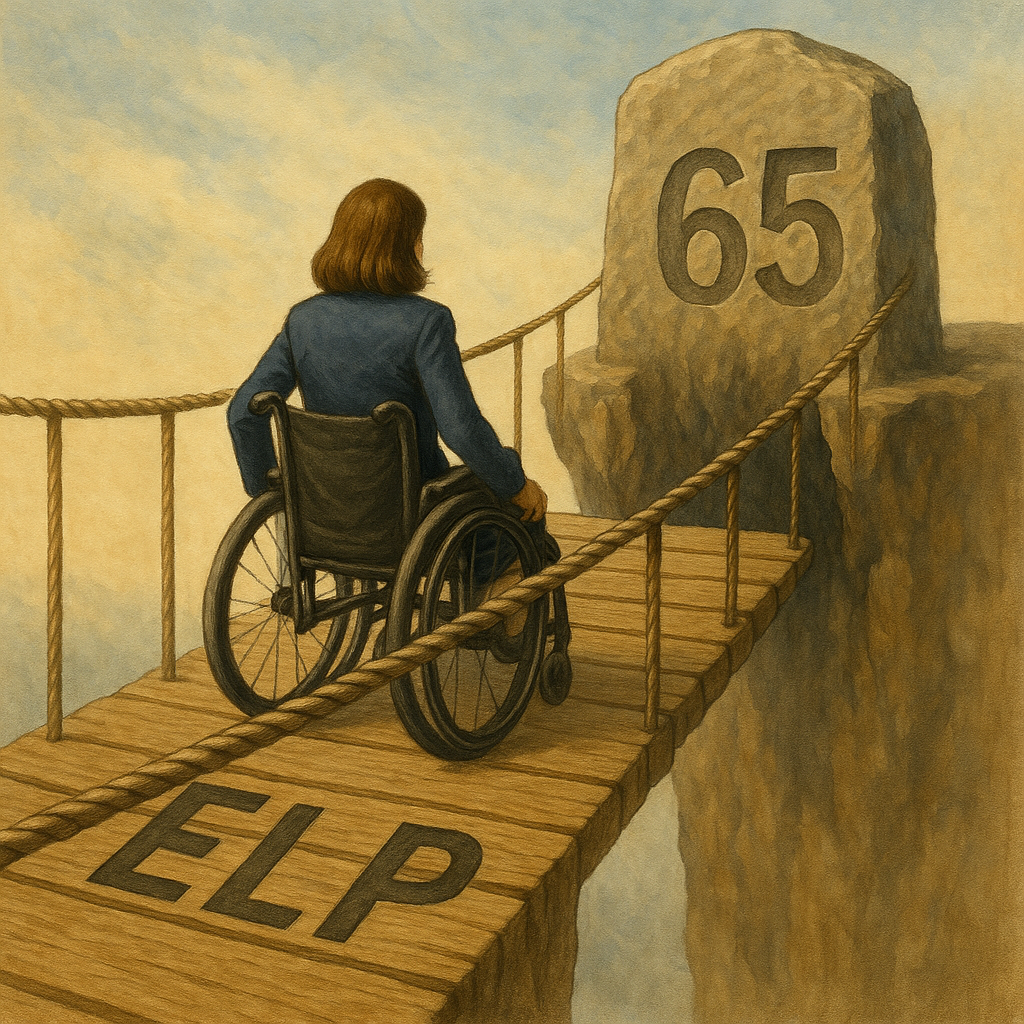 A woman in a wheelchair rolls herself across a worn wooden suspension bridge labeled “ELP” (Economic Loss Payment), heading toward a large stone marker engraved with “65,” symbolizing the age-65 cutoff under WCB Alberta rules. The bridge hangs over a steep chasm with rope railings on both sides, depicting the abrupt end of wage-loss benefits.