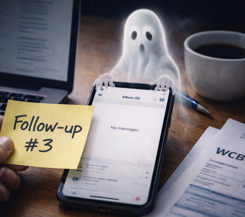 WCB Alberta case manager ghosting concept: a phone showing an empty inbox sits on a desk beside a WCB claim form and a sticky note reading ‘Follow-up #3,’ while a small ghostly figure hovers over the screen, symbolizing no response.