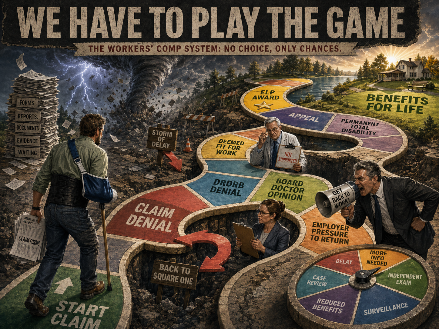 Illustration of an injured worker navigating a giant board-game-style WCB Alberta claims process, with squares for claim denial, delays, employer pressure to return to work, DRDRB denial, deemed fit for work, ELP award, permanent total disability, and benefits for life.
