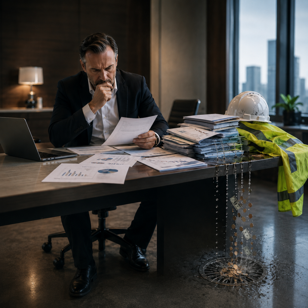 Photorealistic image of an Alberta employer reviewing financial reports beside safety documents, a hard hat, and a high-visibility vest, with water and money leaking from the desk to symbolize hidden WCB costs, absenteeism, and poor disability management quietly draining business profits.
