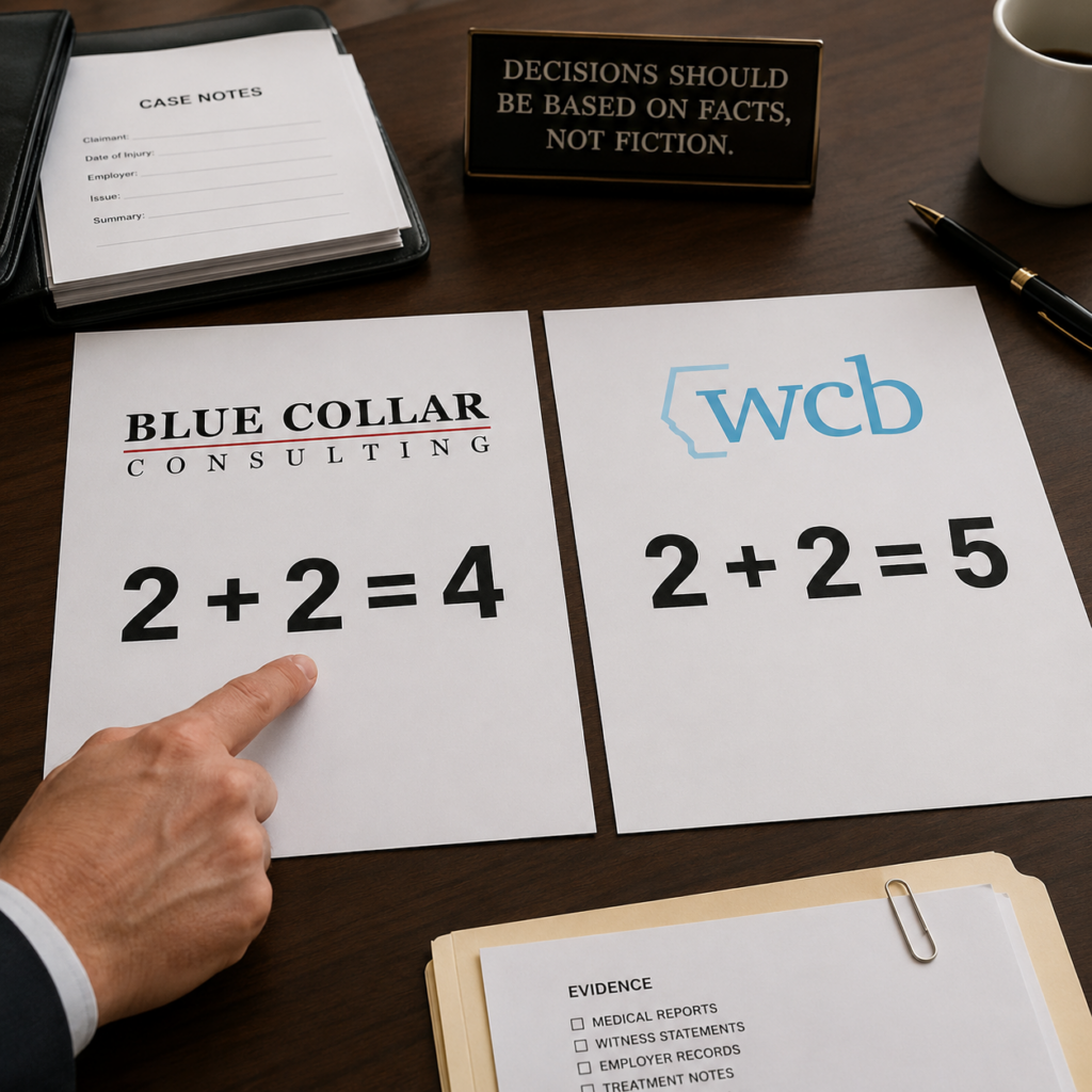 Blue Collar Consulting says 2+2=4, WCB says 2+2=5 - illustration of WCB employability decisions ignoring whole person assessment in Alberta