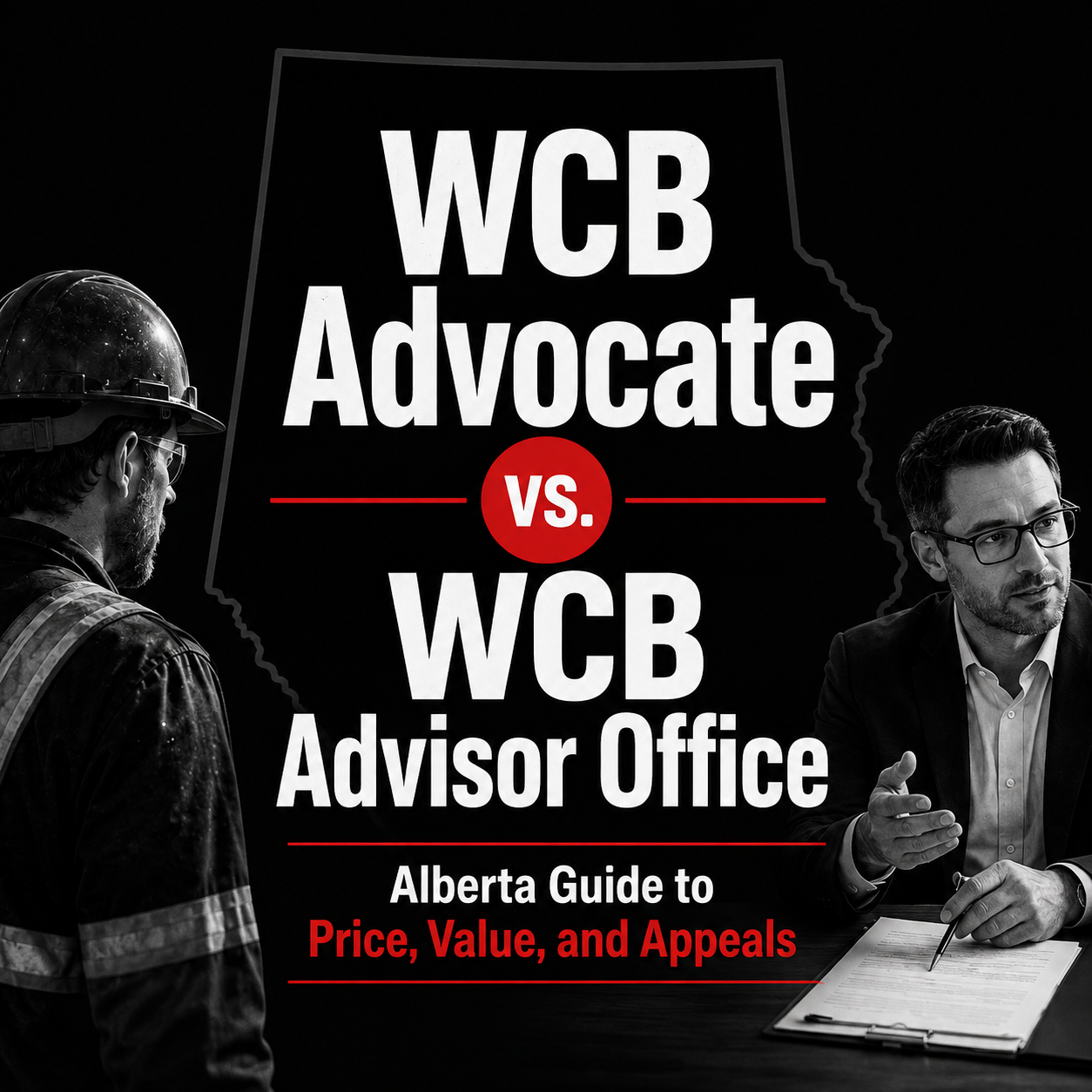 WCB advocate and WCB Advisor Office comparison in Alberta, featuring a construction worker and professional advisor in a black, red, and white design.